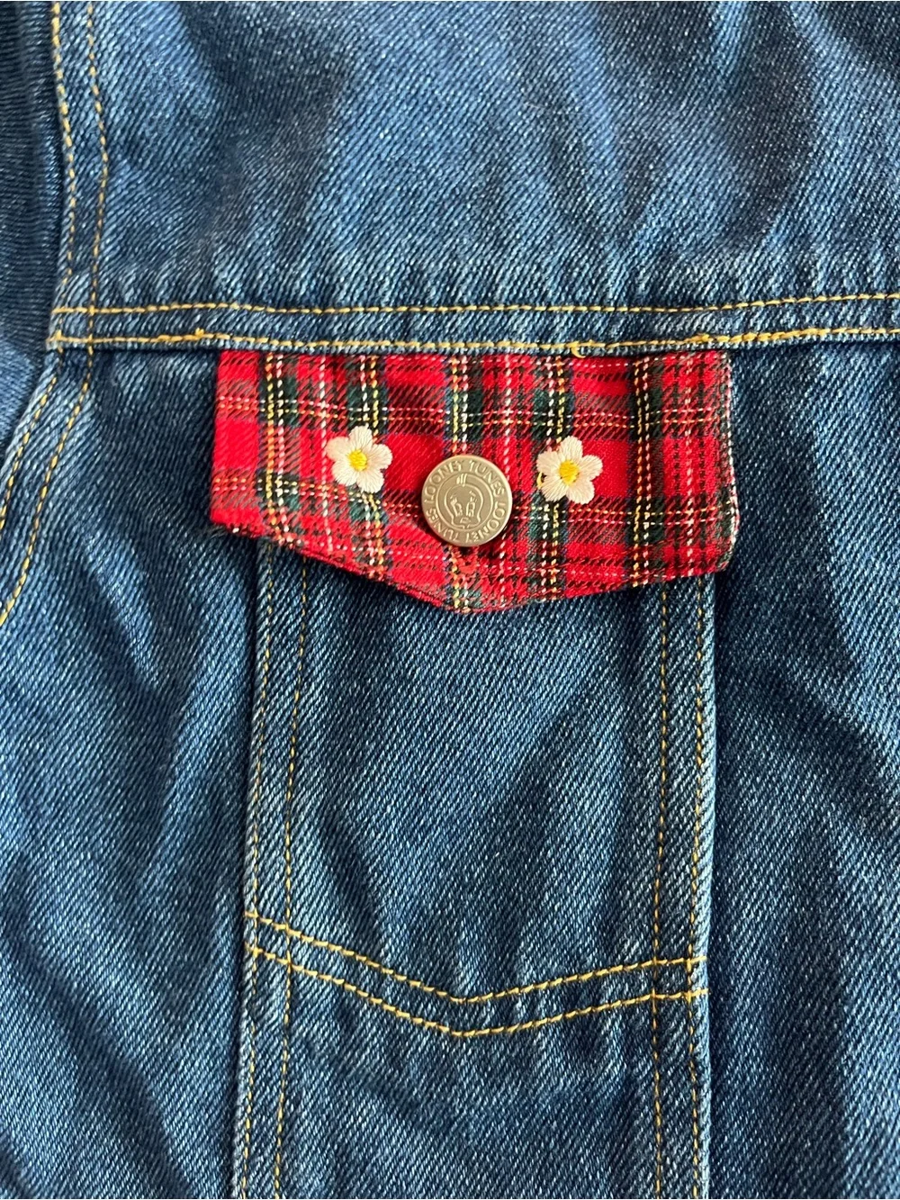 Vintage 1997 90’s Tweedy Bird Denim Jacket youth kids Size 14 Red Plaid Heart